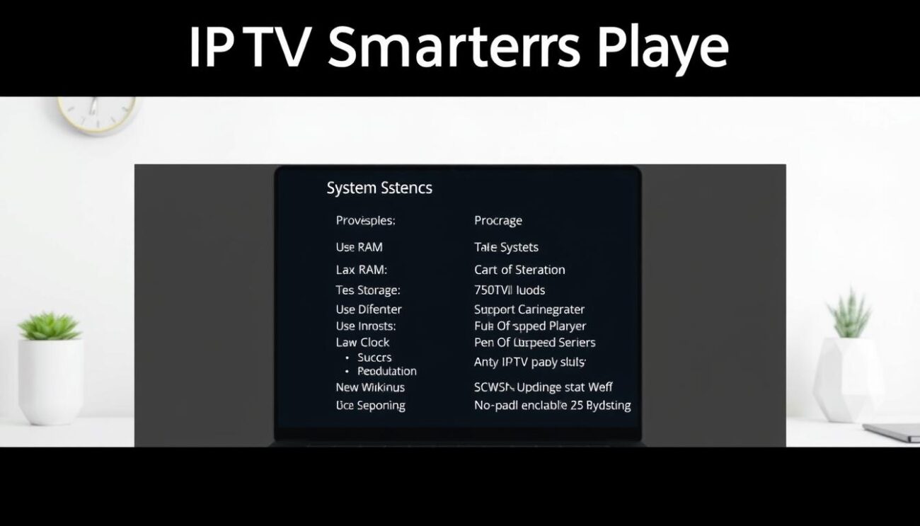 A clean, modern computer desktop display showcasing the IPTV Smarters Player system requirements. In the foreground, a sleek laptop or desktop PC prominently displays the Smarters Player user interface. The middle ground features a detailed breakdown of the system specs - processor, RAM, storage, and supported operating systems - presented in a clear, informative manner. The background depicts a minimal, light-colored workspace with subtle design elements that complement the technology theme. The overall composition conveys a sense of simplicity, professionalism, and ease of use for the IPTV Smarters Player application.