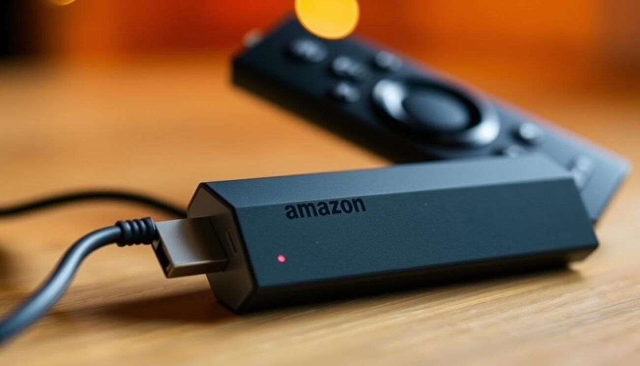 A close-up view of an Amazon Fire TV Stick placed on a wooden surface, its USB cable connected and ready for the installation of the Ibo Player app. The device is illuminated by warm, soft lighting, creating a cozy and inviting atmosphere. The background is blurred, keeping the focus on the Fire TV Stick and the installation process. The scene conveys a sense of simplicity and ease, highlighting the essential prerequisites for adding an IPTV playlist to the Ibo Player application.