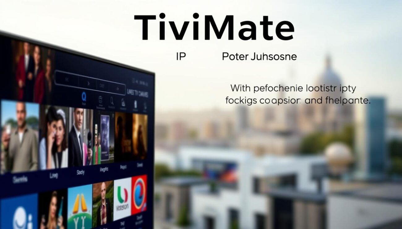 A detailed closeup view of the TiviMate IPTV player interface, showcasing its key features. The foreground displays the clean and intuitive UI, with a grid of live TV channels, on-demand content, and DVR recordings. The middle ground highlights the user-friendly navigation menu, with options for settings, search, and playback controls. The background subtly suggests the integration with popular IPTV service providers, conveyed through a soft, blurred cityscape or landscape. The overall scene has a bright, modern, and professional aesthetic, emphasizing the powerful yet accessible nature of the TiviMate app.