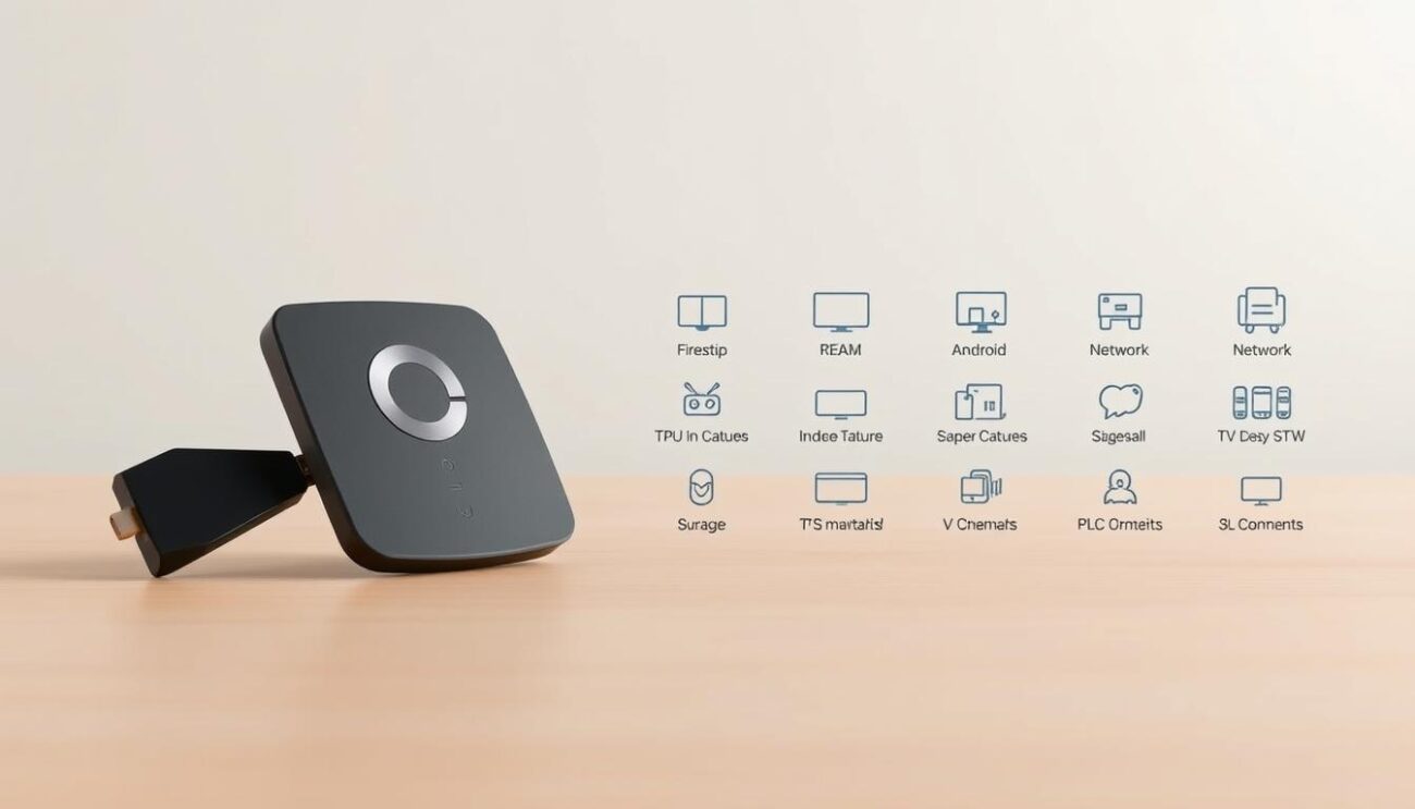 A detailed, technical illustration of the device requirements for TiviMate, presented against a clean, minimalist background. In the foreground, a modern smart TV device, such as a Firestick or Android TV box, takes center stage, showcasing its essential hardware and connectivity features. In the middle ground, a series of icons and diagrams clearly communicate the necessary system specifications, including CPU, RAM, storage, and network requirements. The background is a neutral, light-colored surface, allowing the technical details to be the focus of the composition. The lighting is soft and even, highlighting the sleek, contemporary design of the device and the clarity of the informational elements. The overall tone is informative and professional, guiding the viewer through the prerequisites for a successful TiviMate installation.