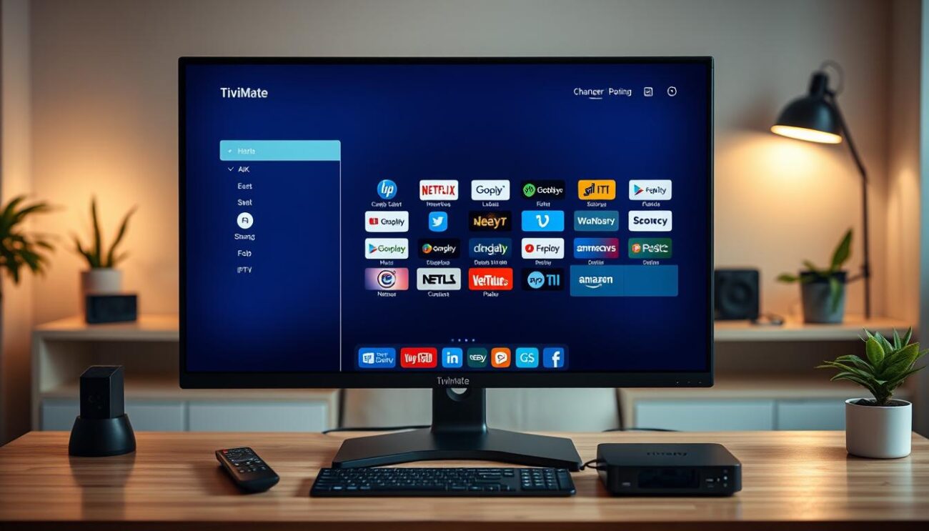 A modern, minimalist desktop setup displaying a customized TiviMate IPTV application on a 4K display. The foreground features the TiviMate app interface, with sleek icons, channel logos, and a clean, user-friendly layout. The middle ground showcases various IPTV-related elements such as remote controls, mobile devices, and streaming boxes, highlighting the versatility of the platform. The background depicts a cozy, well-lit home entertainment space with subtle lighting, potted plants, and a sense of comfort and productivity. The overall aesthetic conveys a polished, tailored IPTV experience that enhances the user's viewing pleasure.