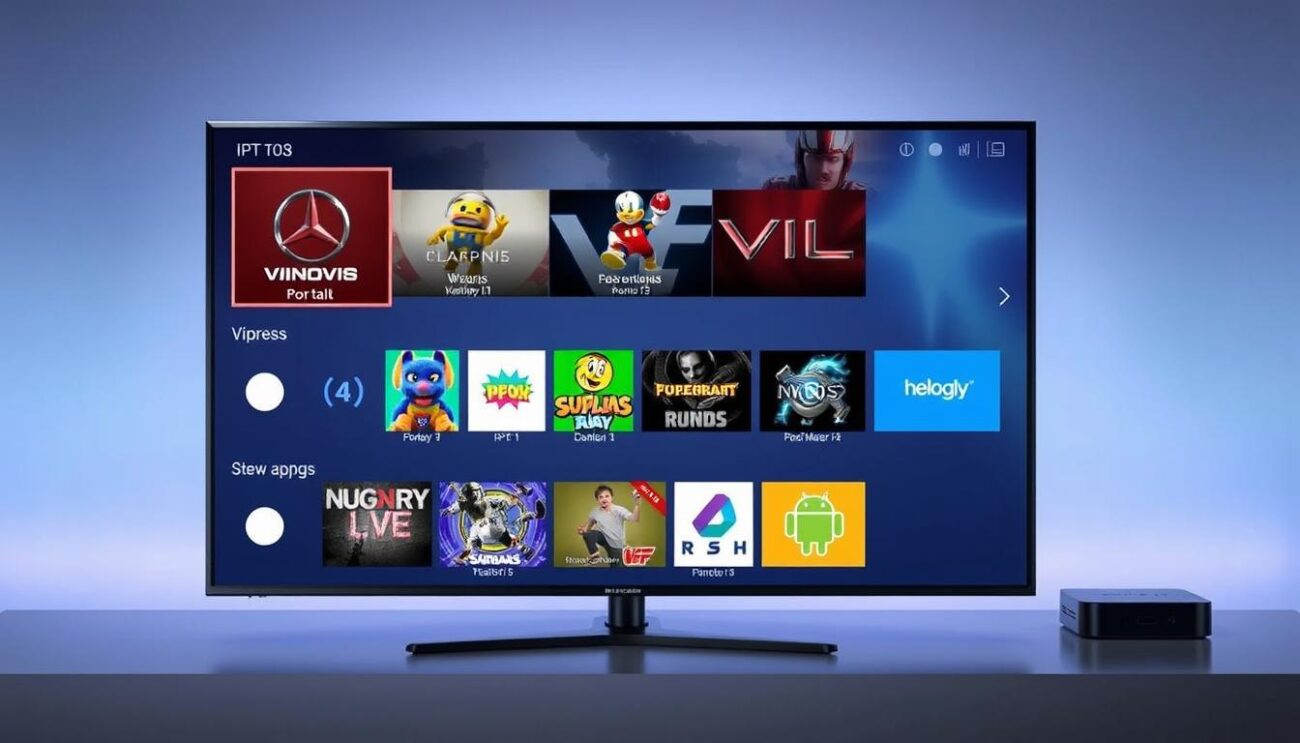 A modern, sleek TV box interface with a selection of IPTV apps prominently displayed. The apps are organized neatly in a grid layout, with vivid icons and clear labels. The background is a subtle gradient, conveying a sense of depth and sophistication. The lighting is soft and even, highlighting the apps without creating harsh shadows. The camera angle is slightly elevated, giving a clean, professional perspective. The overall mood is one of simplicity, functionality, and technological prowess, reflecting the step-by-step guide for setting up IPTV on a TV box.