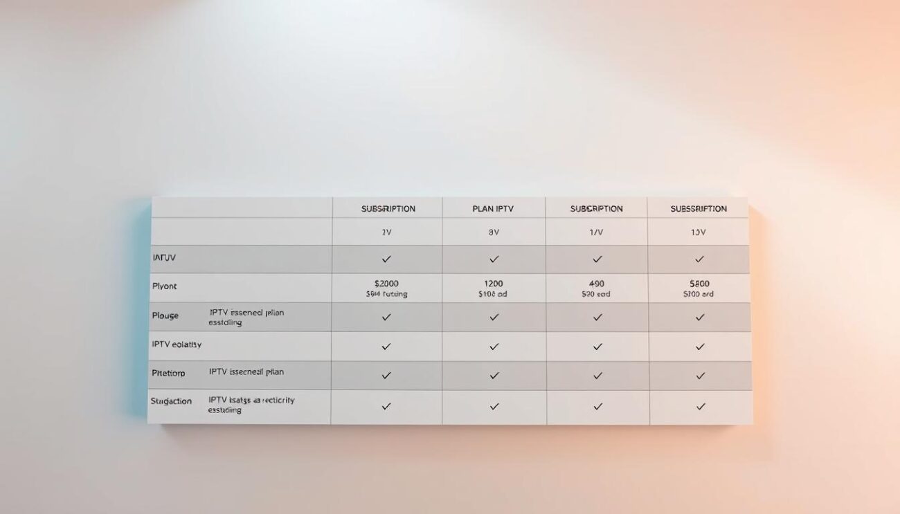 A professional, clean, well-designed comparison table showcasing different IPTV subscription plans, with plan details and pricing displayed in a clear and organized manner. The table is set against a minimalist background, using a neutral color palette and clean typography to create a sophisticated, informative visual. The lighting is soft and diffused, creating depth and highlighting the key elements. The camera angle is slightly elevated, giving an overview of the table and making the information easy to read. The overall mood is one of clarity, practicality, and attention to detail, reflecting the informative nature of the content.