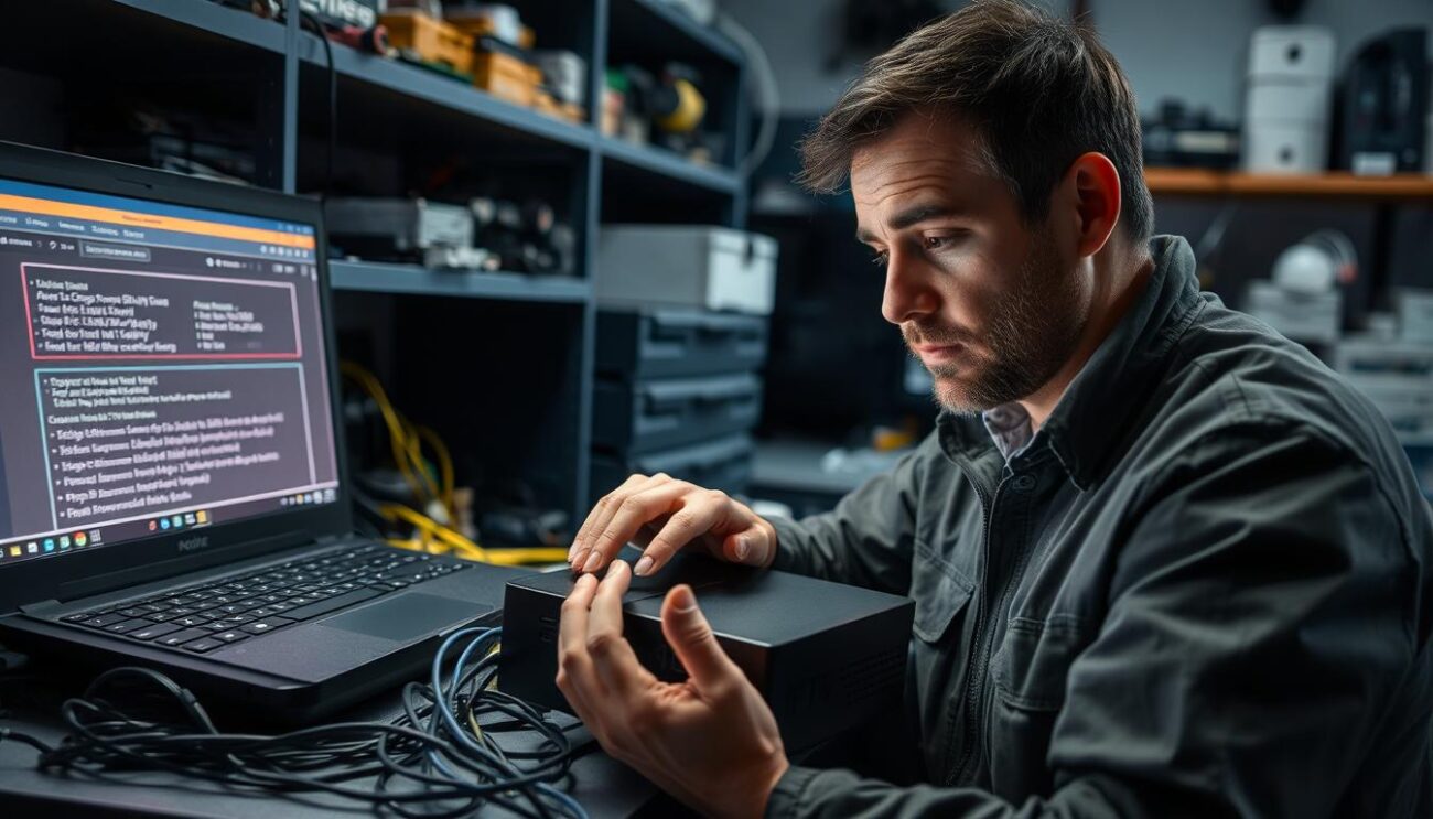 A technician examining an IPTV set-top box, surrounded by cables and a laptop displaying diagnostic information. The room is dimly lit, with a sense of focus and troubleshooting. The technician's expression is one of concentration, as they analyze the device and try to identify the issue. The background features shelves with various electronic components and tools, hinting at a well-equipped workshop. The lighting is soft and directional, creating shadows and highlights that emphasize the technical nature of the scene.